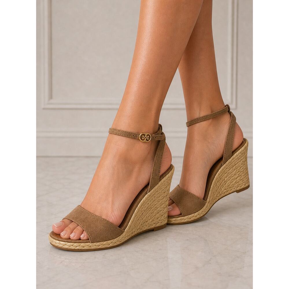 Tory Burch Brown Suede Espadrille Wedge Sandals Ankle Strap Size 8.5